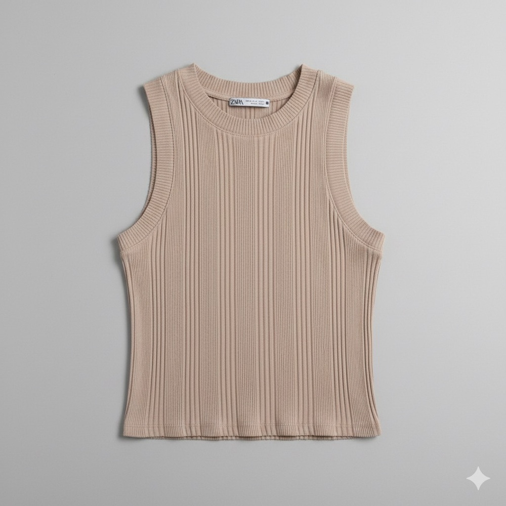 Zara Tan Ribbed Fitted Tank Top